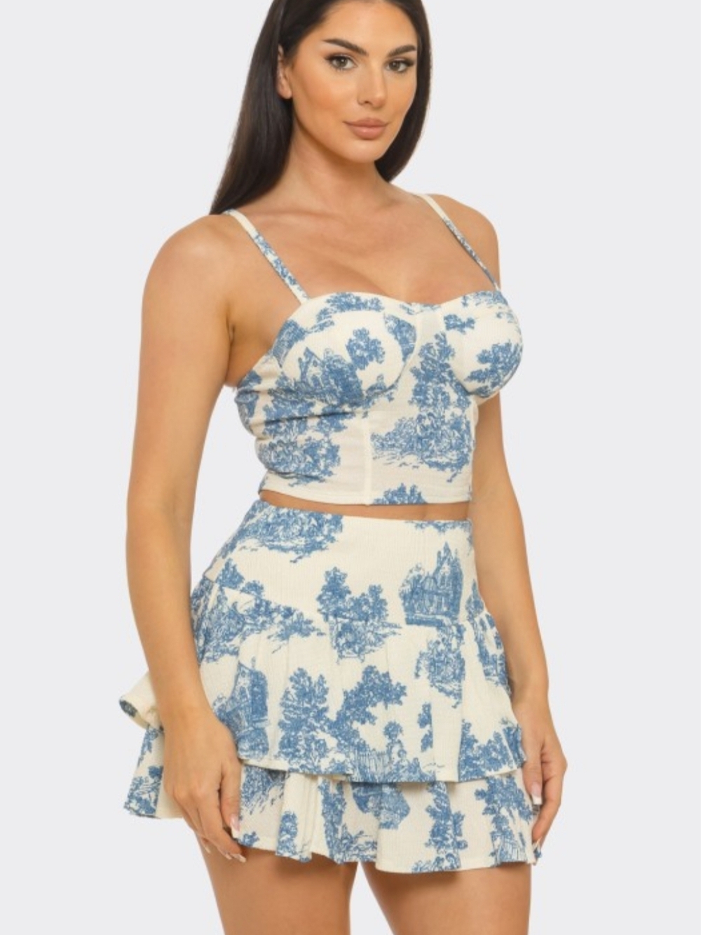 Blue Toile Print Corset Style Top & Tiered Skirt Set - Picture 3 of 5